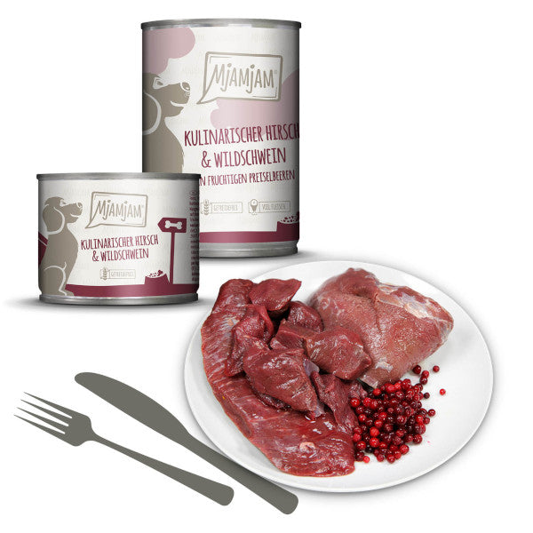 Mjamjam Hund Kulinarischer Hirsch mit Wildschwein